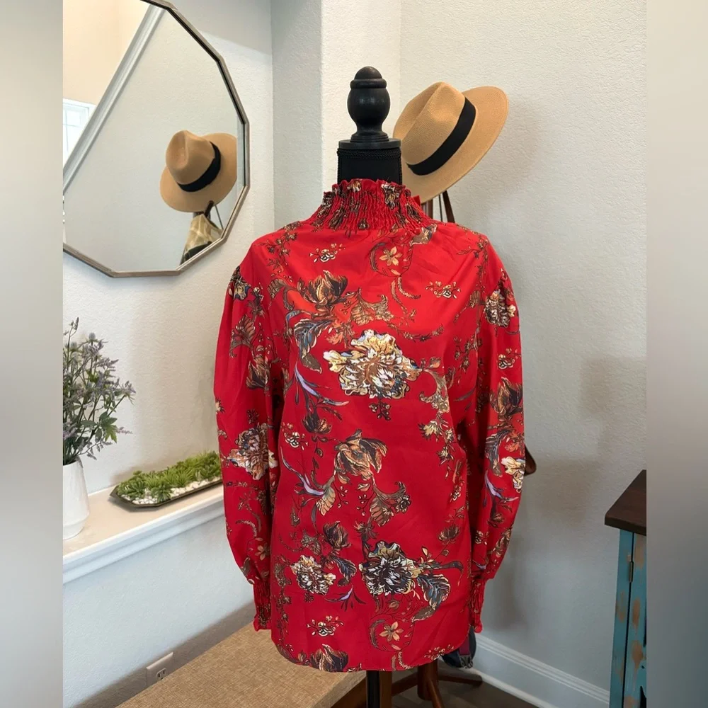 Red Ruched Neck Blouse - Picture 3 of 4